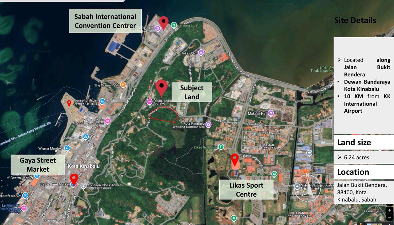 Location plan of the Kota Kinabalu landbank on Jalan Bukit Bendera, near the Sabah International Convention Centre, Gaya Street Market and Likas Sports Centre