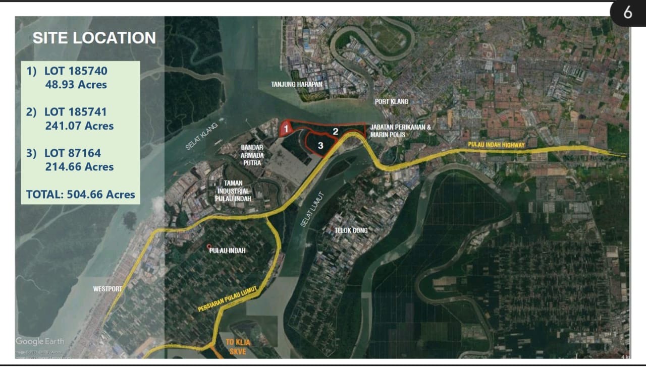 Satellite site-location plan of the Pulau Indah landbank showing three lots totalling 504.66 acres near Westports and the Pulau Indah Highway
